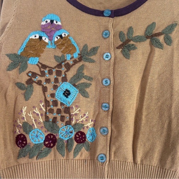 Knitted Dove Tan Floral Embroidered Cardigan Sweater Casual Neutral Medium - Picture 2 of 7